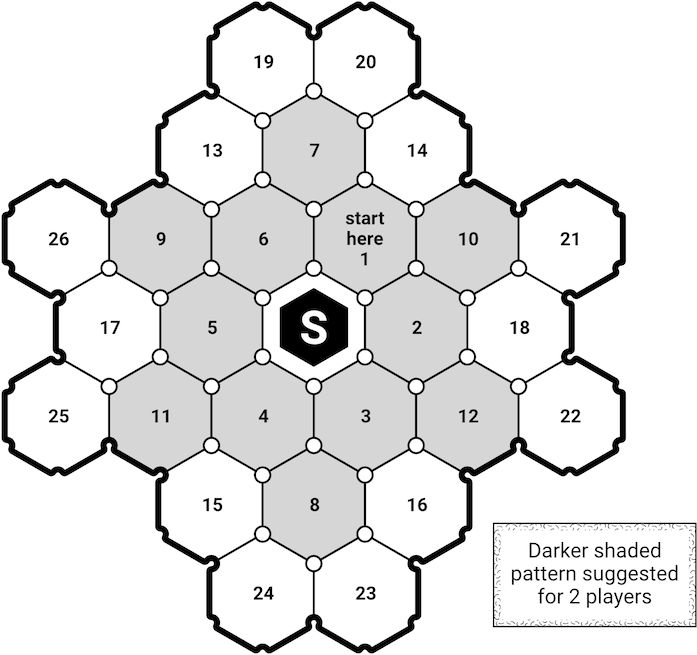 Board formation for play, darker shaded formation suggested for 2 player game. Follow numbers to place tiles.