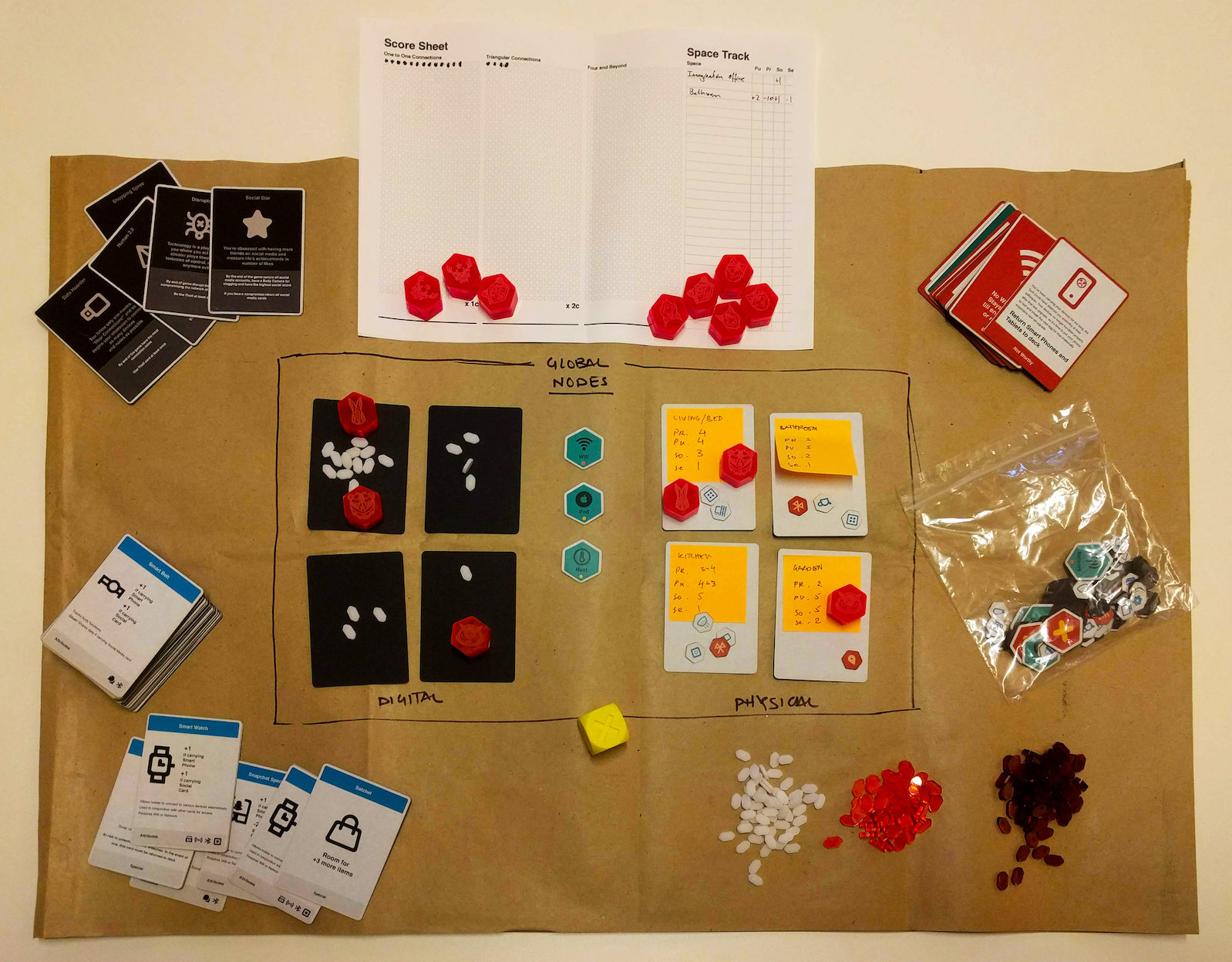 Iterations 1 through 5 used a similar setup more geared towards its research intent over play. The game pieces were designed as workable low-fidelity prototypes and repurposed through iterations