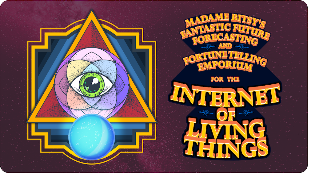 Design fiction for exploring Tarot of Things; Branding for Madame Bitsy’s Fantastic Future Forecasting and Fortune Telling Emporium for the Internet of Living Things (left); Fictional news clipping designed for world-building purposes of speculative fiction (right).