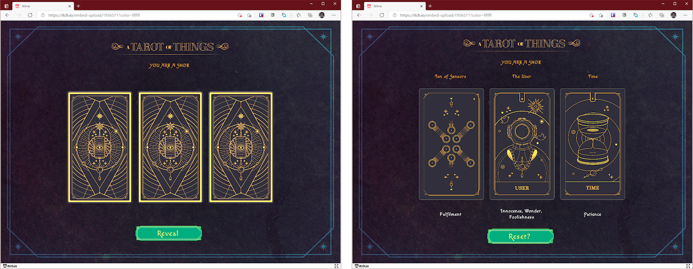Carpentering the Tarot of Things as a ludic artefact; Programming for the artefact was done in Python on the Godot game engine (top); The end result was outputted in two forms as software, one that could be read by humans while the other by IoT objects (bottom).
